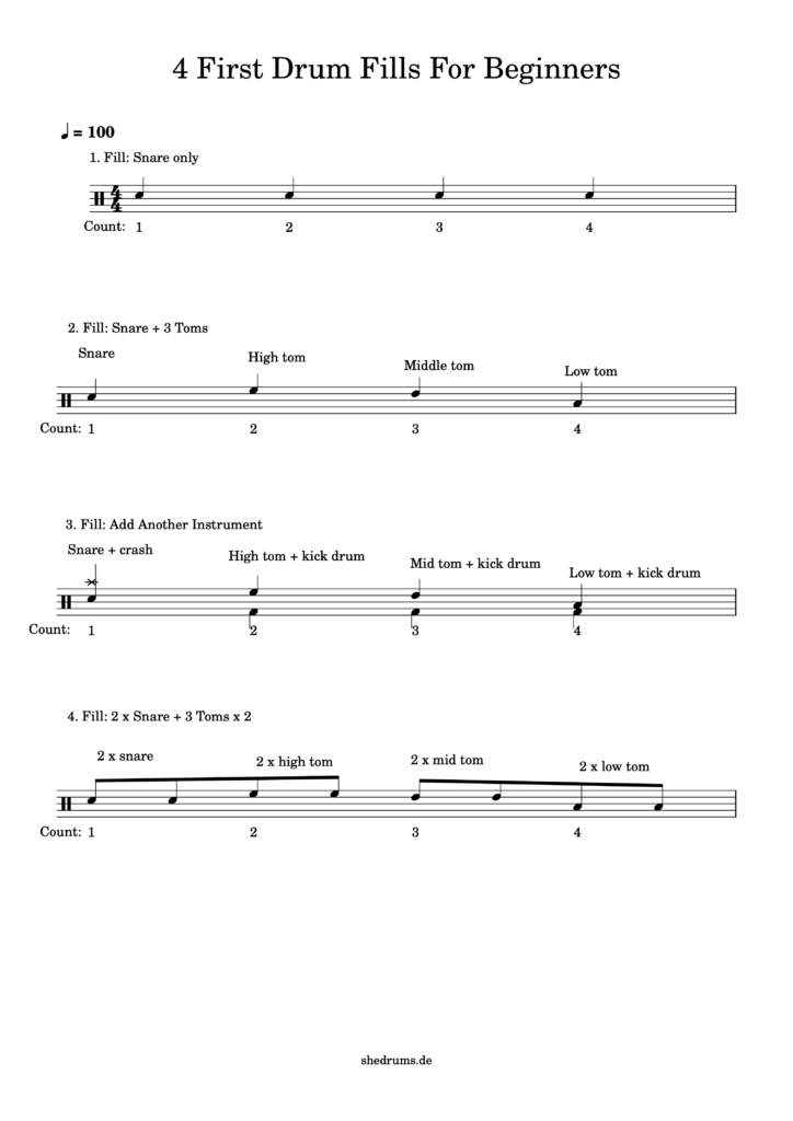 Free and printable sheet music with beginner drum fills